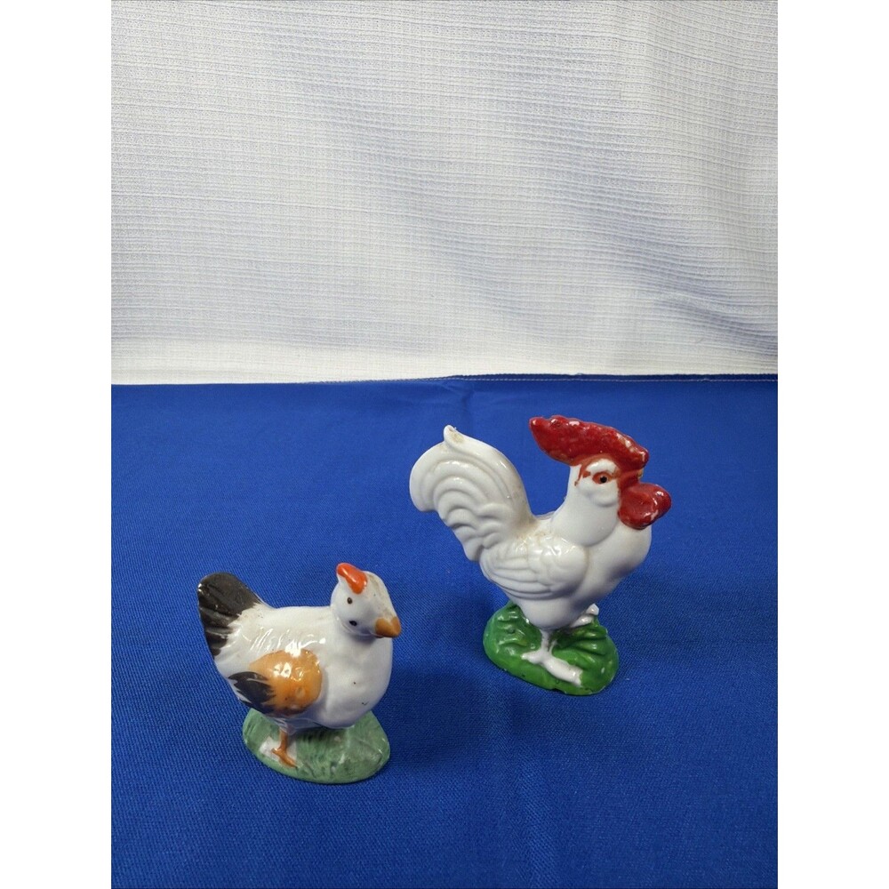 Mid Century Lefton Japan Glazed Porcelain Chicken Rooster and Hen Mini Statues
